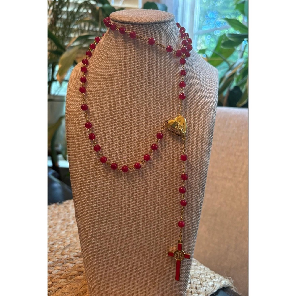 Catholic Red Bead Rosary Gold Tone Heart Miraculous Medal St Benedict Cross